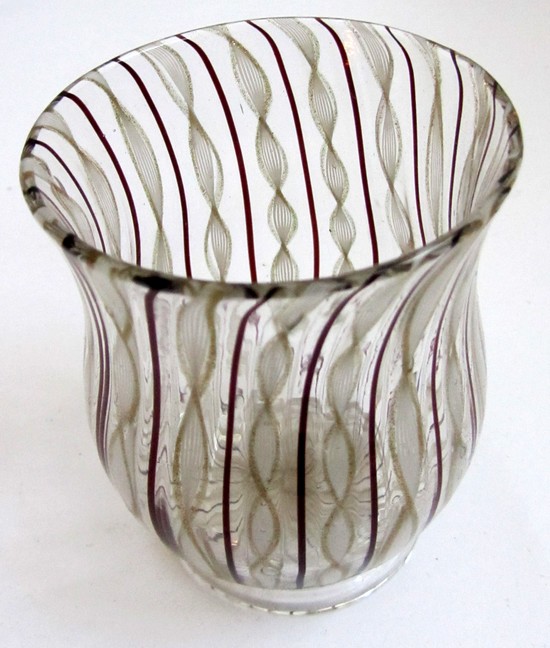 A Set of Six Venetian Murano 1950’s Latticino Filigrana Juice Glasses